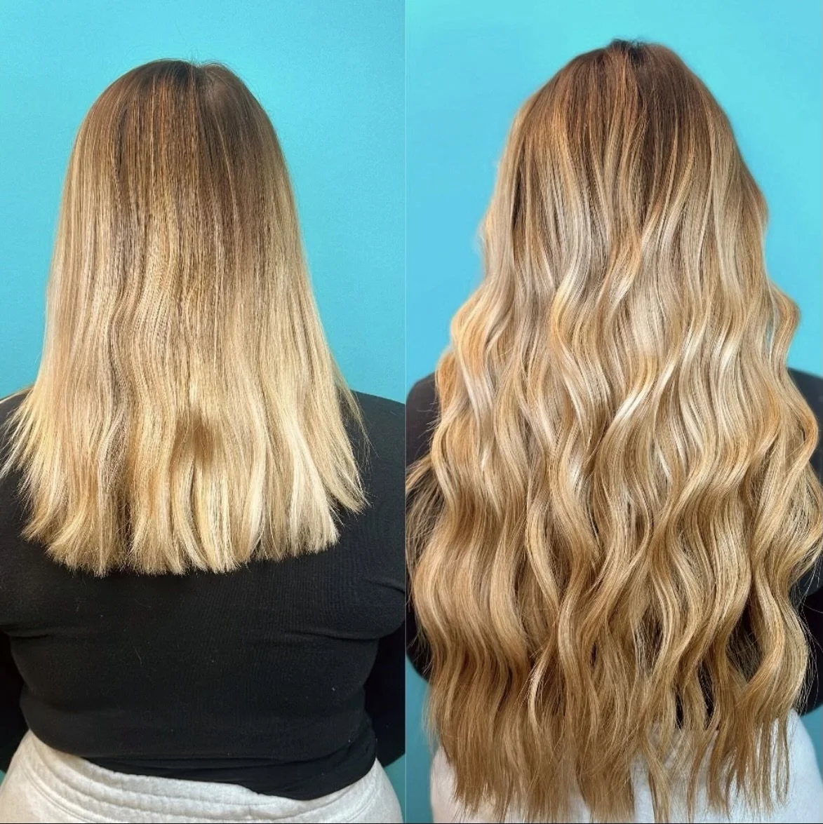 Side-by-side comparison of a woman's hair before and after hair coloring and styling; left side shows shoulder-length, blonde hair, and right side shows long, wavy, honey-blonde hair.
