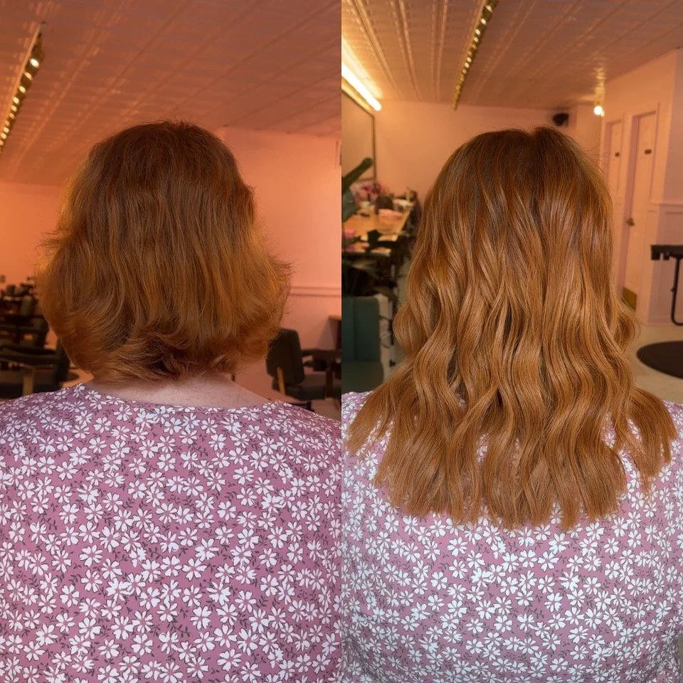 Side-by-side comparison of a woman's hair before and after a hair transformation. The left shows a shoulder-length, wavy, reddish hair, and the right shows longer, wavier, and more vibrant reddish hair.