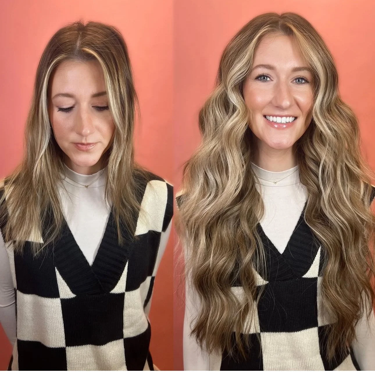 Side-by-side comparison of a woman with the best extensions in Lexington, Ky