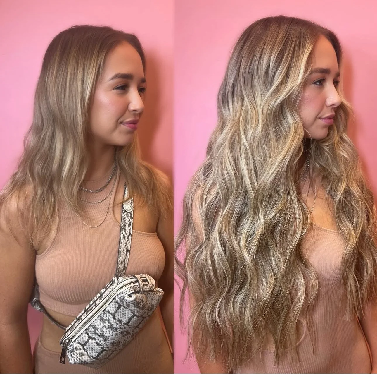 Before and after of Lexington's best sew in hair extensions at Cha Cha's.