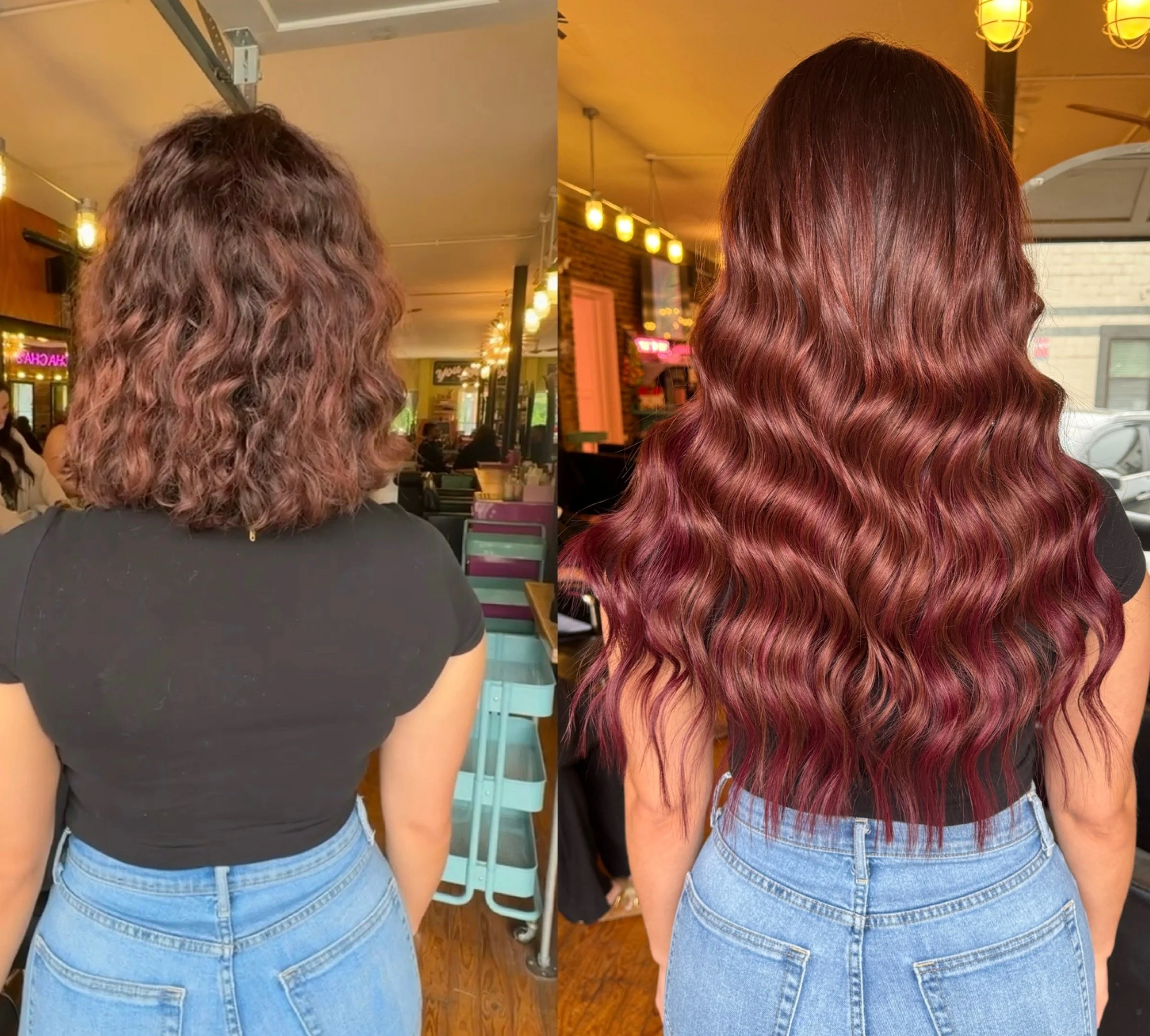Side-by-side comparison of a woman with shoulder-length, wavy, reddish-brown hair before and after a hair transformation; the after photo shows healthy hair extensions.