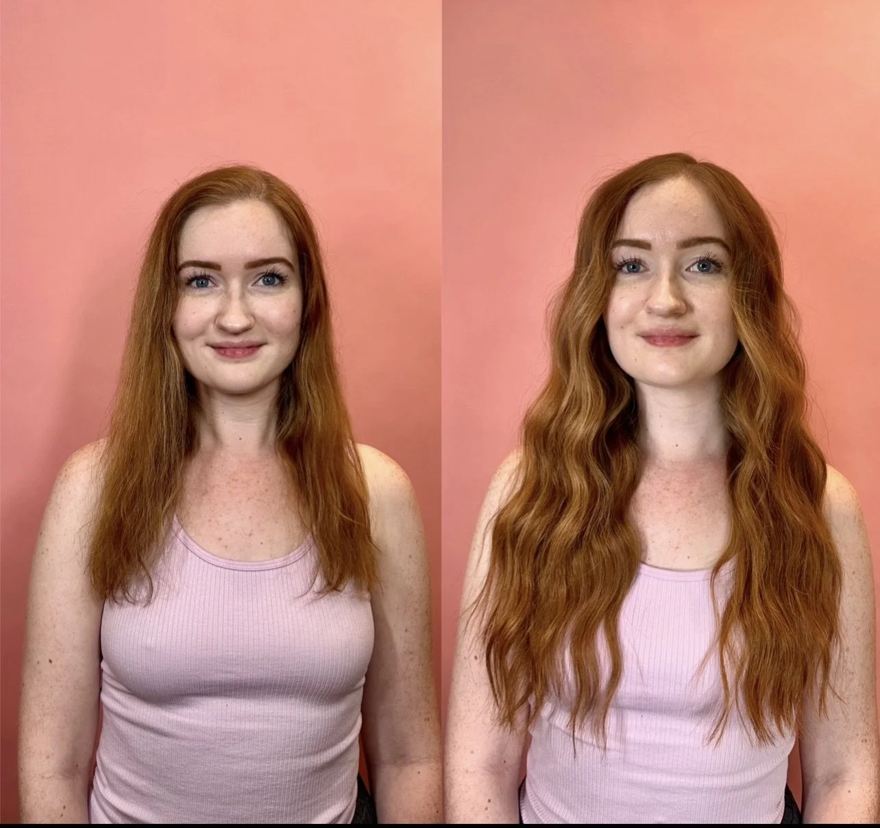Side-by-side comparison of a young woman with red hair in a pink tank top, showing her before and after with longer, more wavy hair.