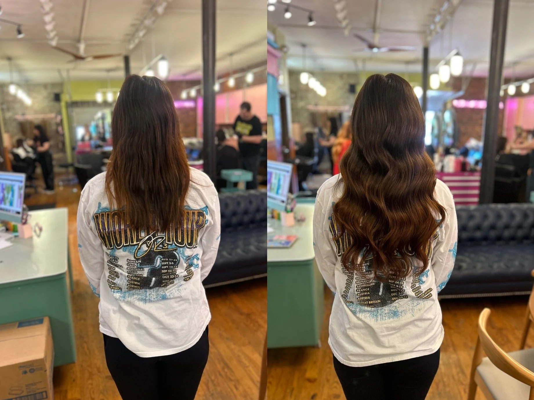 Before and after of award winning hair extensions at Cha Cha's.