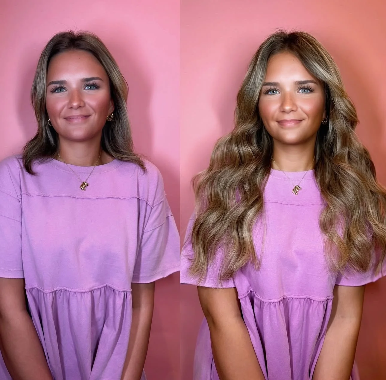 Side-by-side photos of a woman with light skin, wearing a pink shirt and gold jewelry, with newly installed hairextensions.