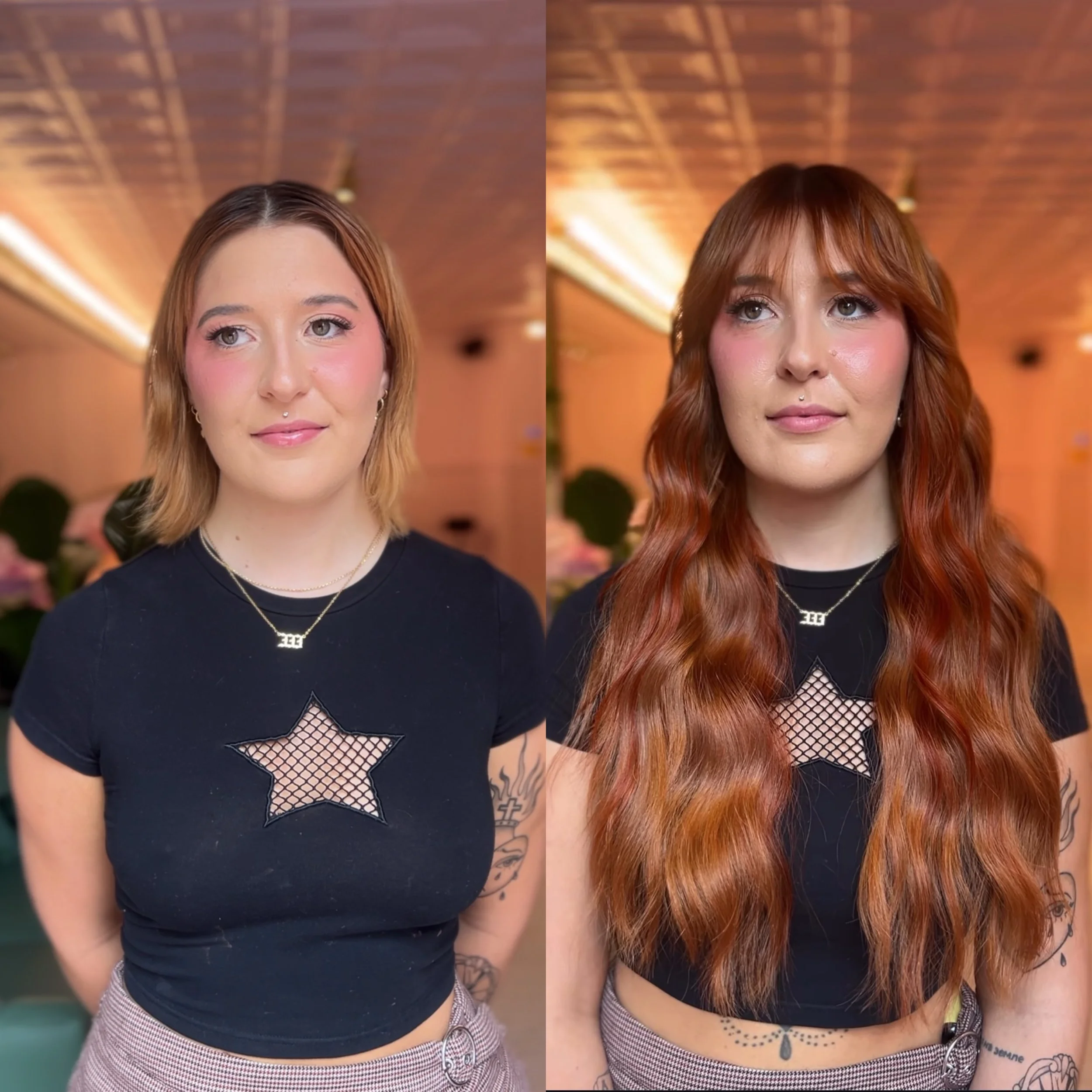 Side-by-side comparison of a woman with short, wavy, light brown hair on the left and long, wavy, red hair on the right, both wearing black crop tops with star cutouts and necklaces, in an indoor setting with warm lighting.