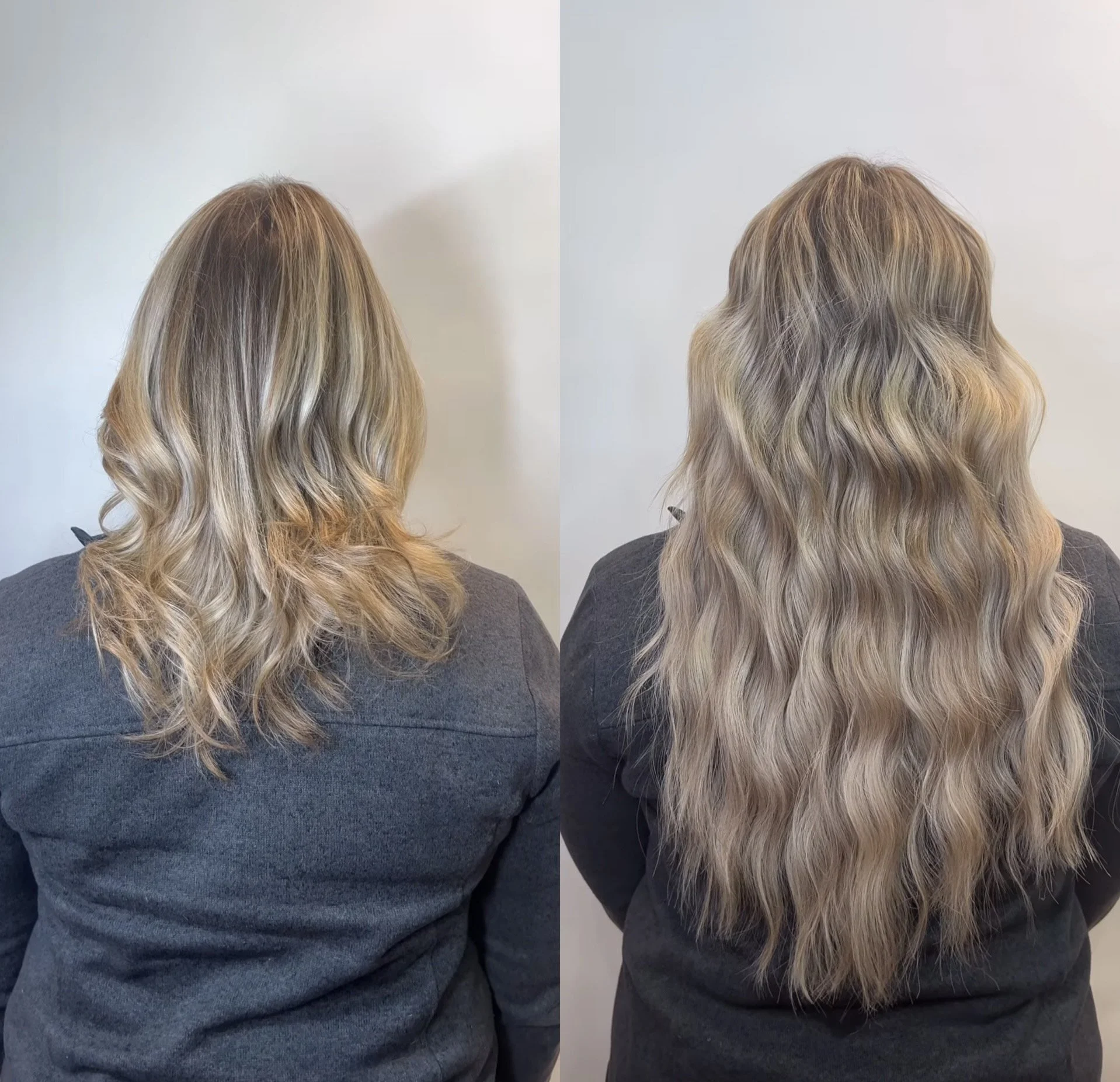 Comparison of back view of a woman with healthy hair extensions before and after a hair treatment or styling, with the after photo showing longer, fuller, and more defined waves.
