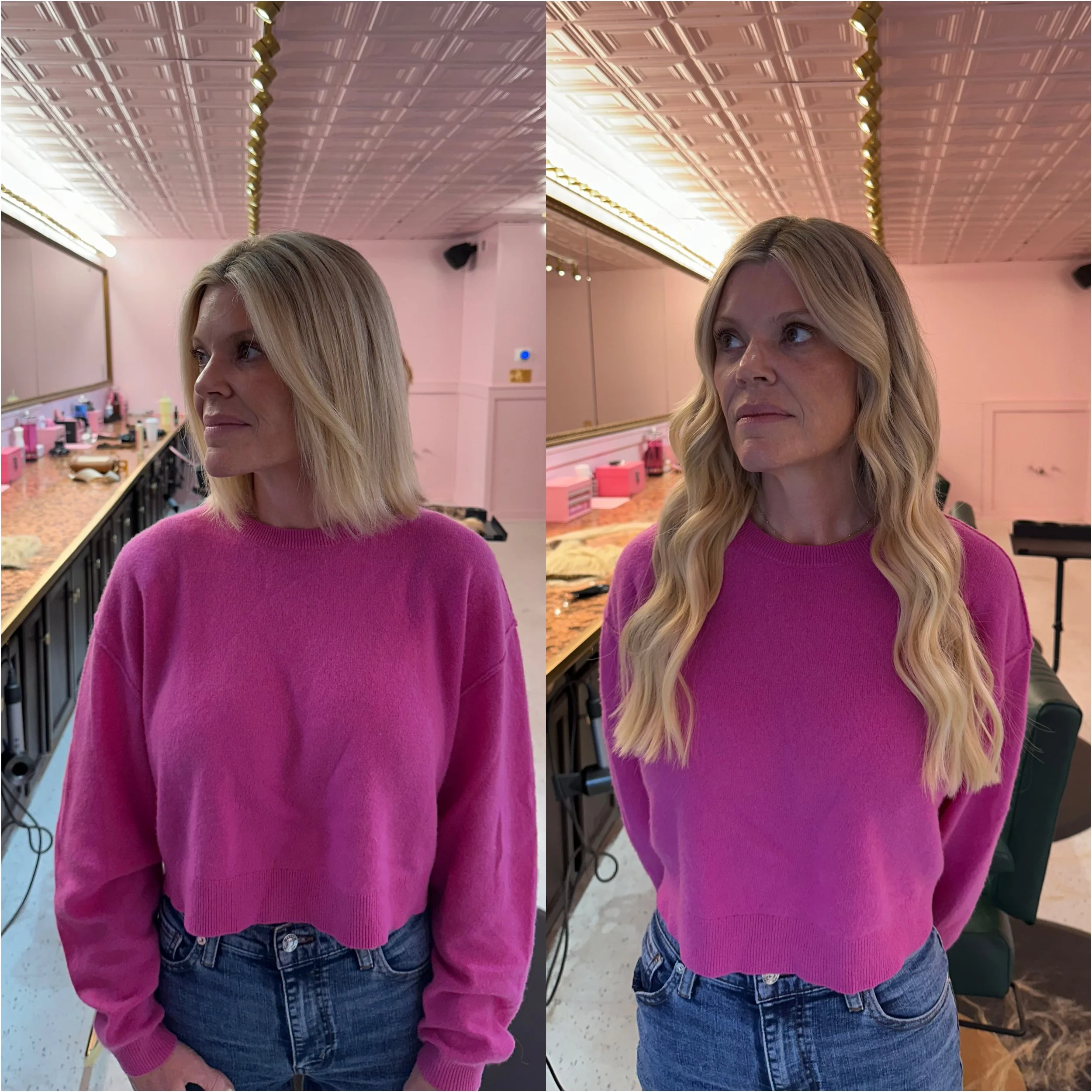 Side-by-side comparison of a woman before and after getting her hair styled. She is wearing a pink sweater and jeans, standing in a pink-themed room with a decorated ceiling. In the 'before' image, her hair is shoulder-length and straight; in the 'af