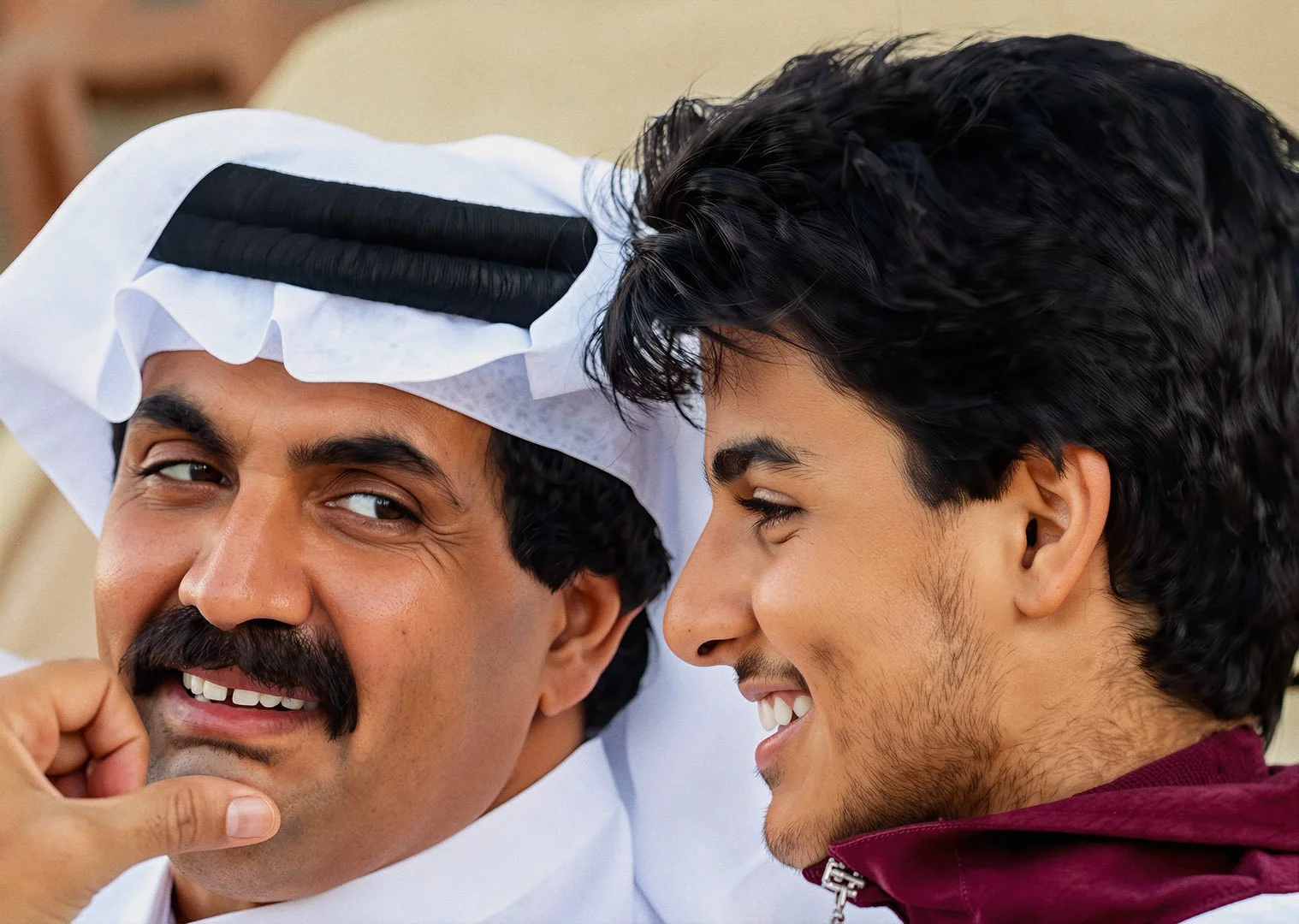  Reconstructed Image — Candid historical moment featuring Father Amir His Highness Sheikh Hamad bin Khalifa Al Thani with his son, His Highness Sheikh Tamim bin Hamad Al Thani. 