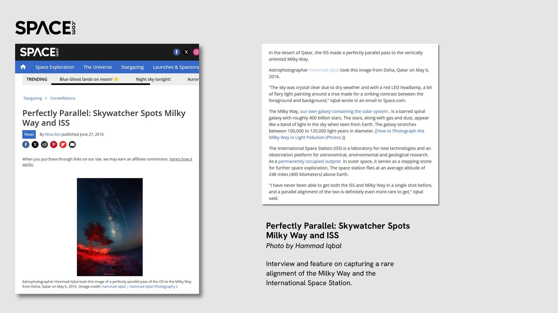 Space.com interview screenshot featuring Hammad Iqbal discussing his parallel ISS and Milky Way astrophotograph in Qatar