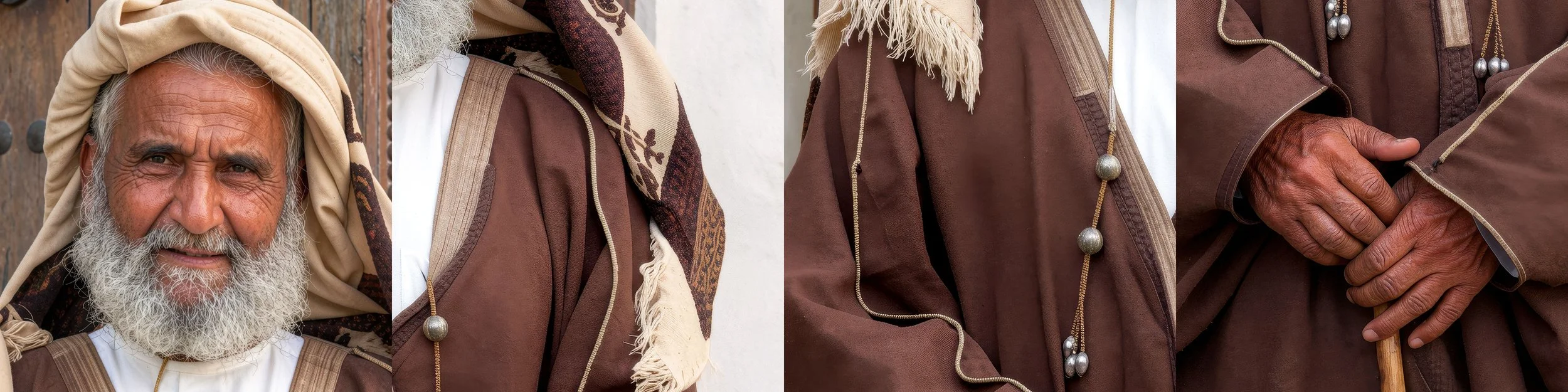 Side-by-side technical restoration of a 100-year-old damaged historical photograph of Sheikh Abdulla bin Jassim Al Thani using AI pipeline and Photoshop compositing.