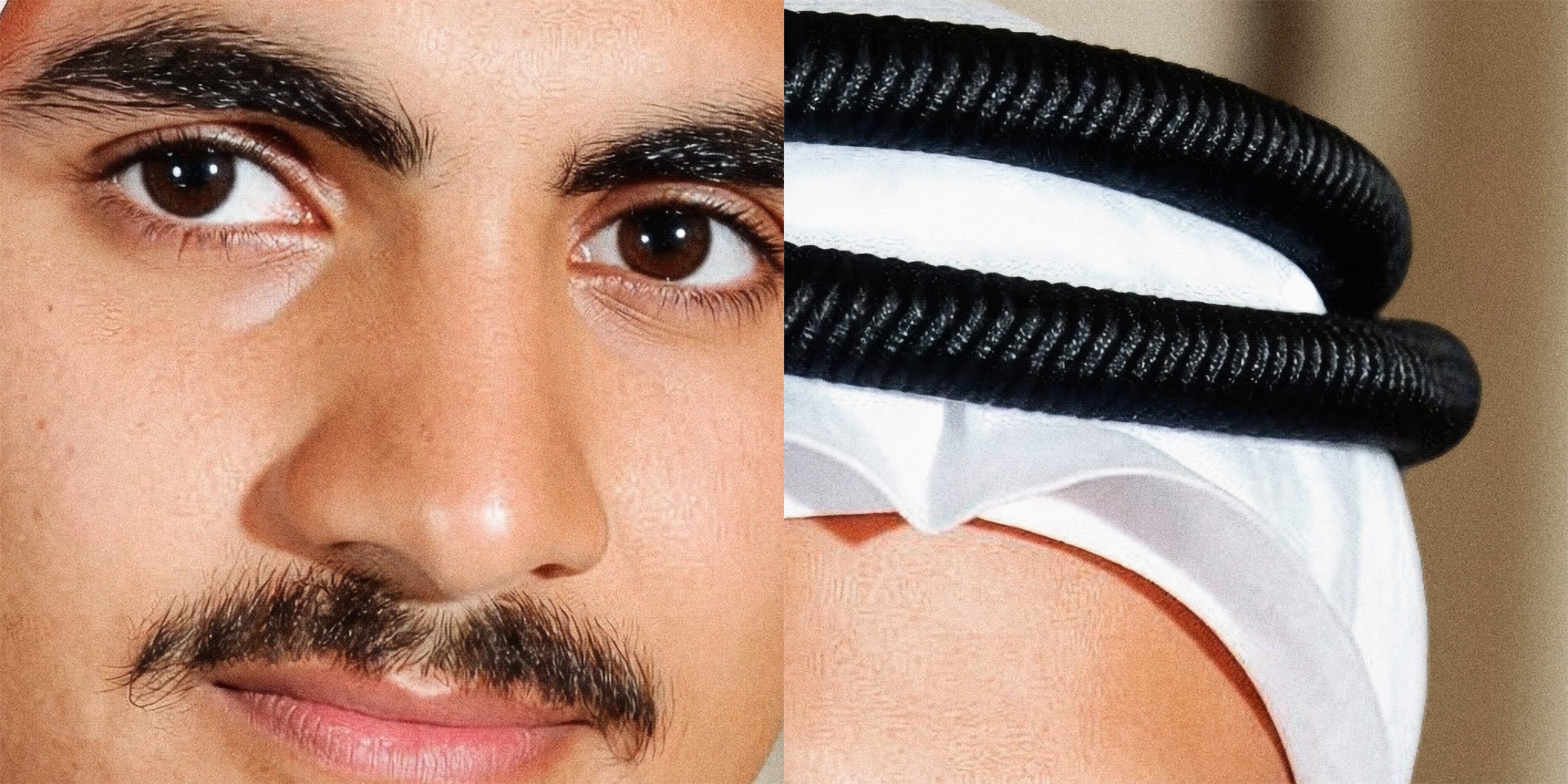 Detail crops of the reconstructed historical portrait of a young Sheikh Hamad bin Khalifa Al Thani, Father Amir of Qatar