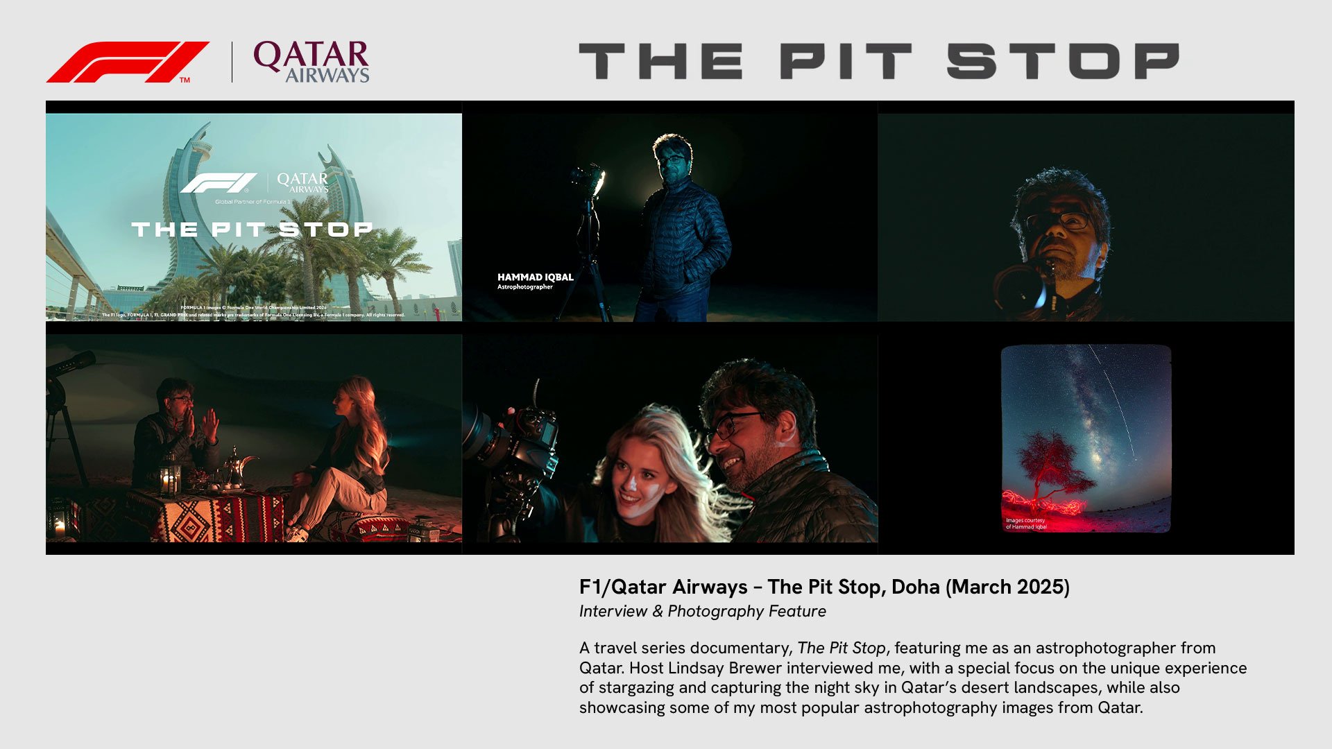 Screengrab composite of Hammad Iqbal interviewed by Lindsay Brewer for F1 and Qatar Airways documentary series The Pit Stop in the Qatari desert