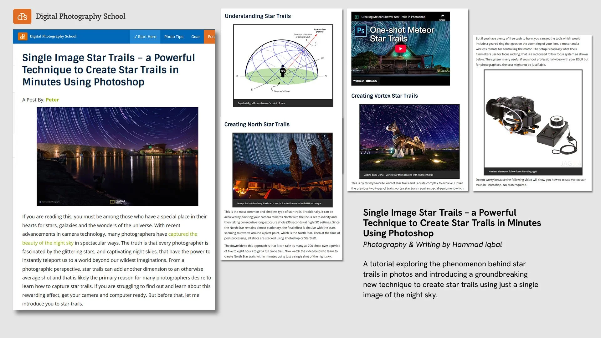 Digital Photography School article collage by Hammad Iqbal showing single image star trails Photoshop technique