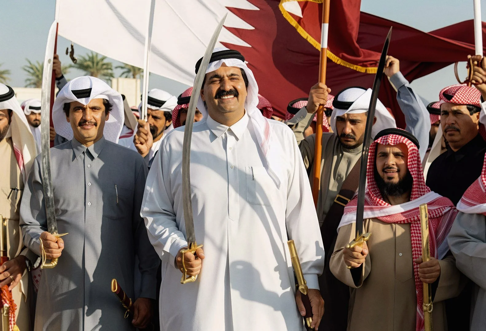  Reconstructed Image — His Highness Sheikh Hamad bin Khalifa Al Thani participating in a traditional Qatari Ardha sword dance. 