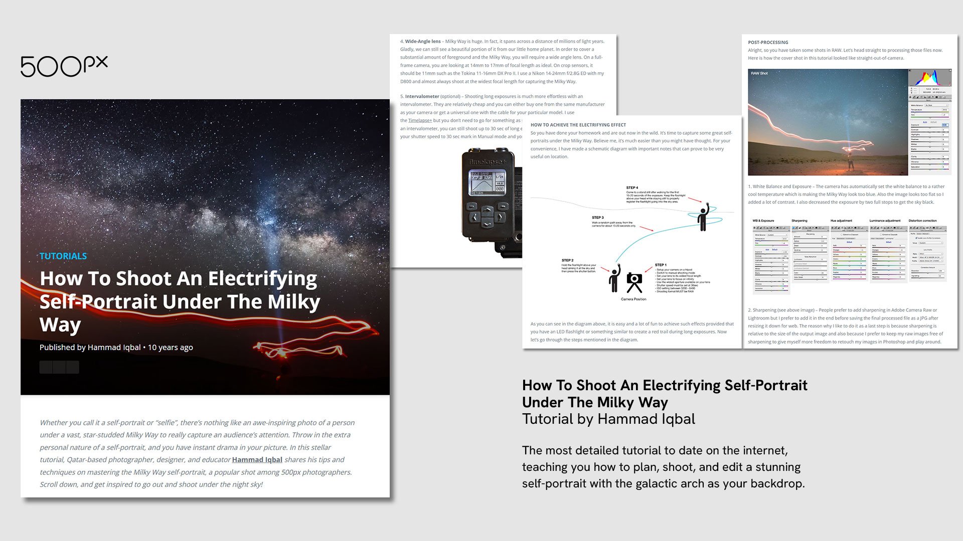 500px ISO tutorial screenshot by Hammad Iqbal showing light painting diagram and RAW post-processing settings for Milky Way self-portraits