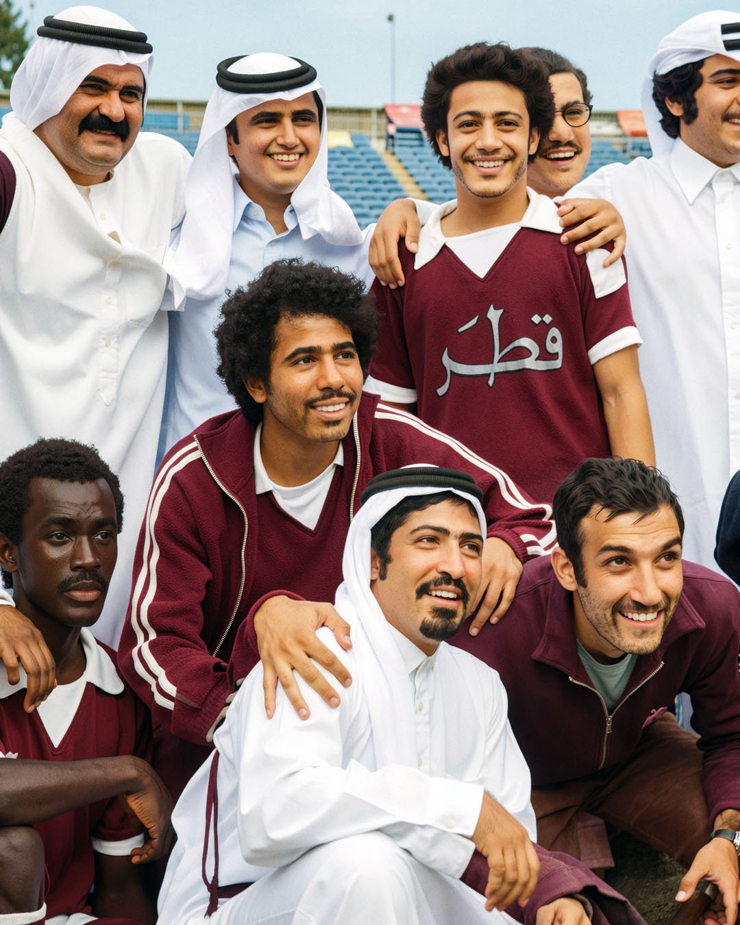  Reconstructed Image — Father Amir His Highness Sheikh Hamad bin Khalifa Al Thani celebrating with members of a Qatari national sports team. 