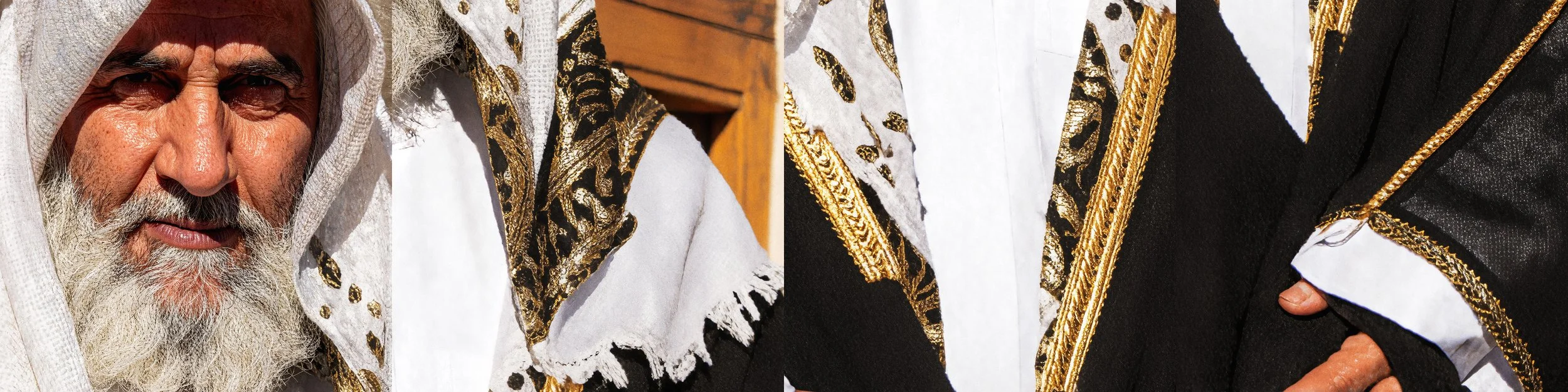 100 percent detail crop breakdown showing facial structure, thobe, and bisht embroidery reconstruction for the historical portrait of Sheikh Jassim bin Mohammed Al Thani.