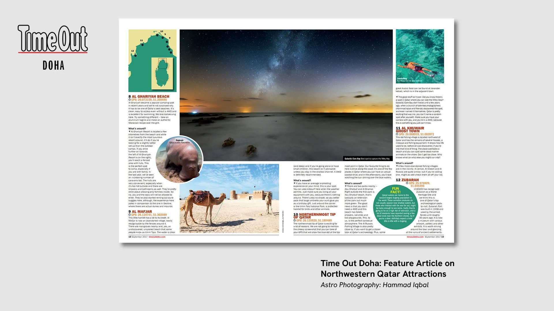 Featured in Time Out Doha for discovering and photographing Milky Way alignments along Qatar's northwest coast.