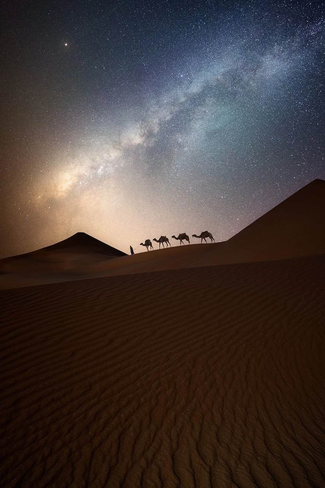 Silhouetted camel caravan walking along a sand dune ridge under the Milky Way arch in Qatar desert by Hammad Iqbal