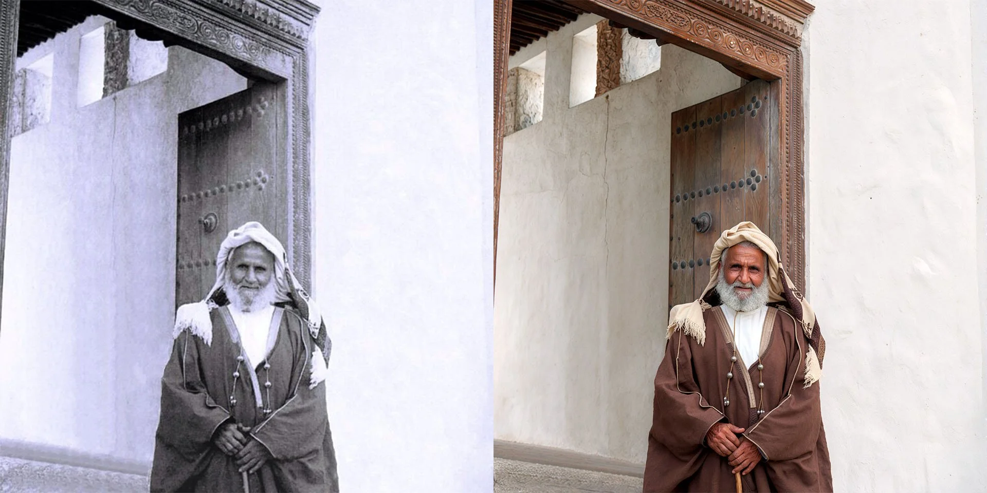 Side-by-side technical restoration of a 100-year-old damaged historical photograph of Sheikh Abdulla bin Jassim Al Thani using AI pipeline and Photoshop compositing.