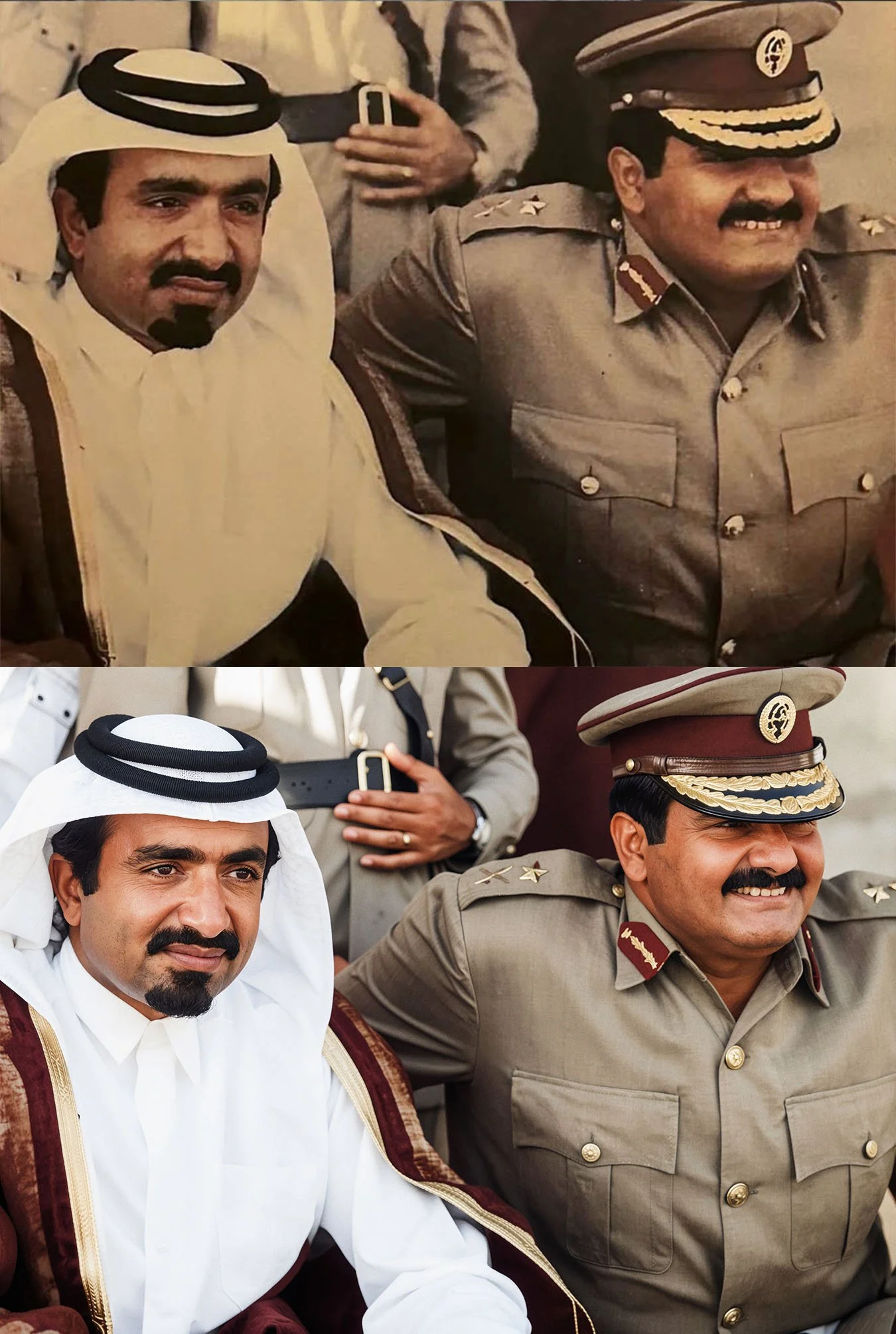 Before and after comparison of the original and the digitally reconstructed historical photo of His Highness Sheikh Hamad bin Khalifa Al Thani seated alongside his father, former Amir Sheikh Khalifa bin Hamad Al Thani.