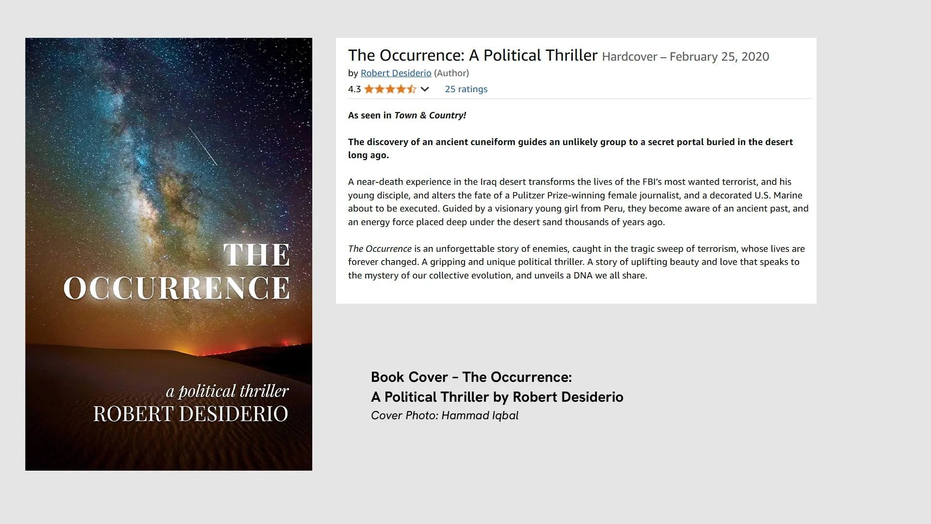 Book cover of The Occurrence by Robert Desiderio featuring desert astrophotography of the Milky Way by Hammad Iqbal