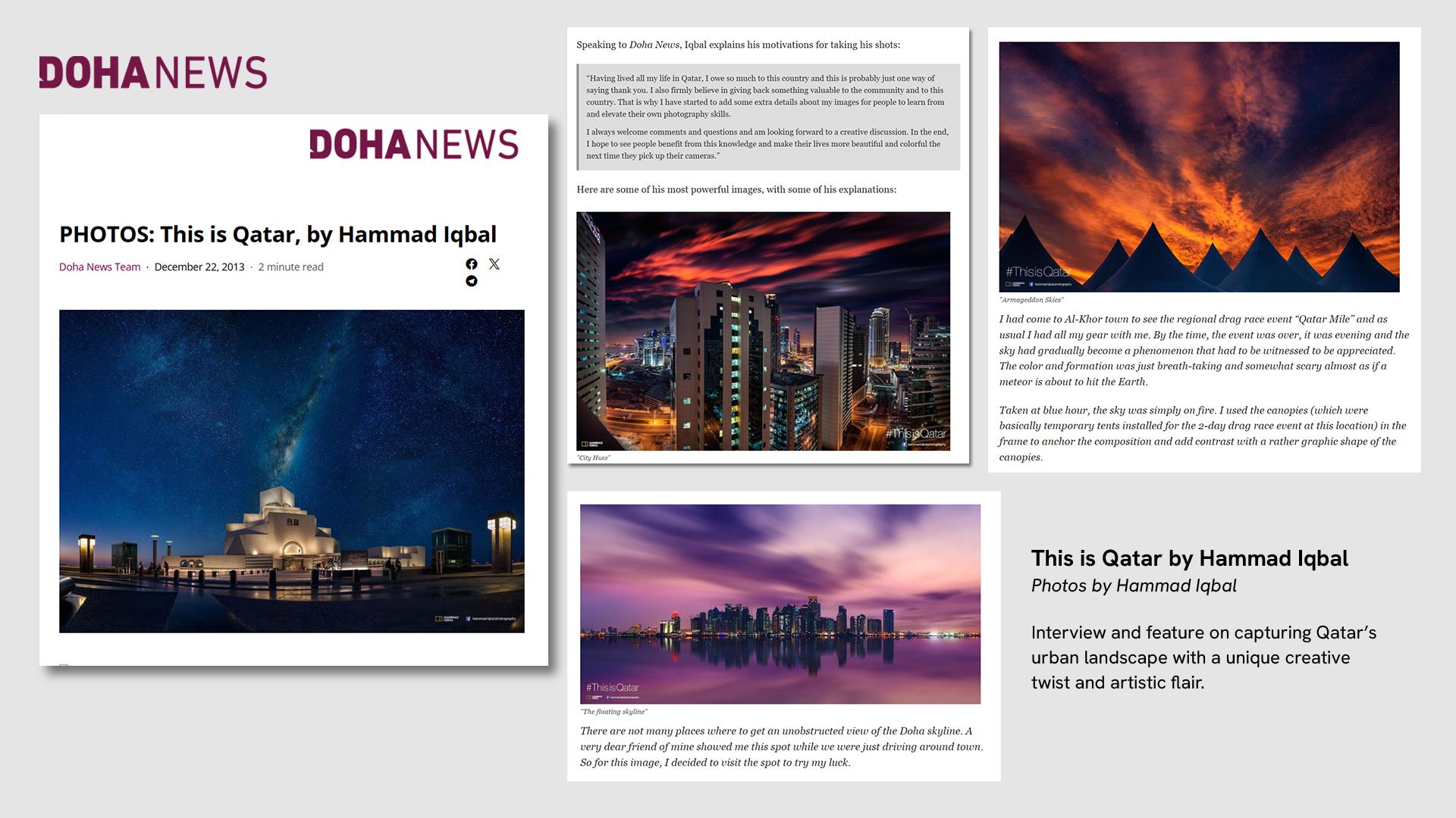Artist feature in Doha News capturing Doha's urban architecture, West Bay skyline, and MIA.