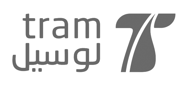 Logos of Tram, a tram or train system, and a stylized number 7 or letter S in gray against a black background.