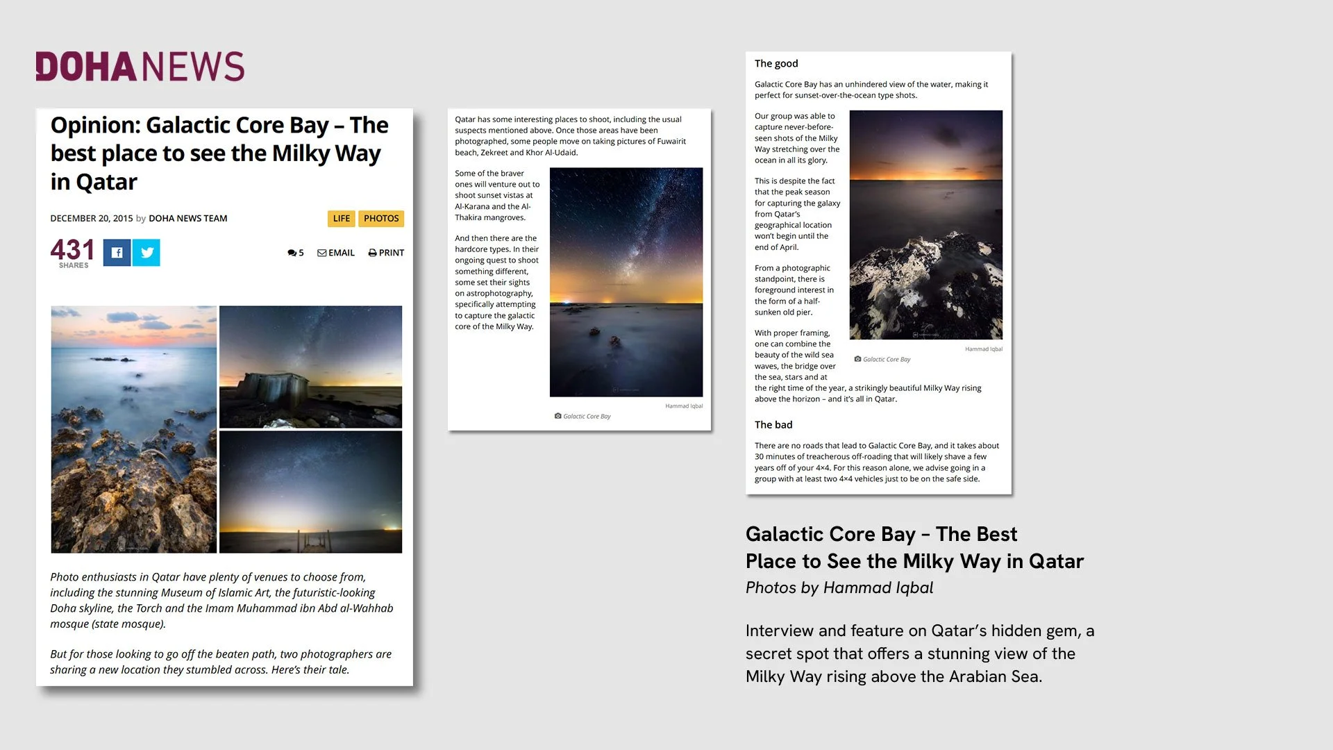 Doha News editorial coverage highlighting "Galactic Core Bay" as Qatar's premier astrophotography spot.