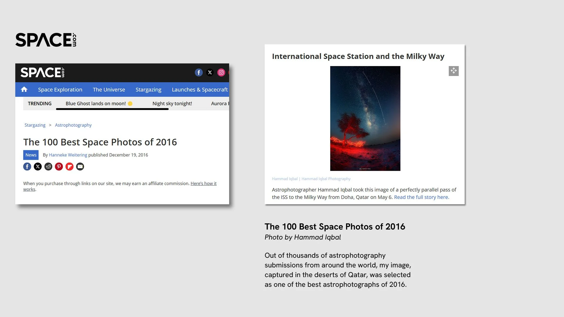 Space.com article screenshot featuring Hammad Iqbal's ISS and Milky Way photo in The 100 Best Space Photos of 2016