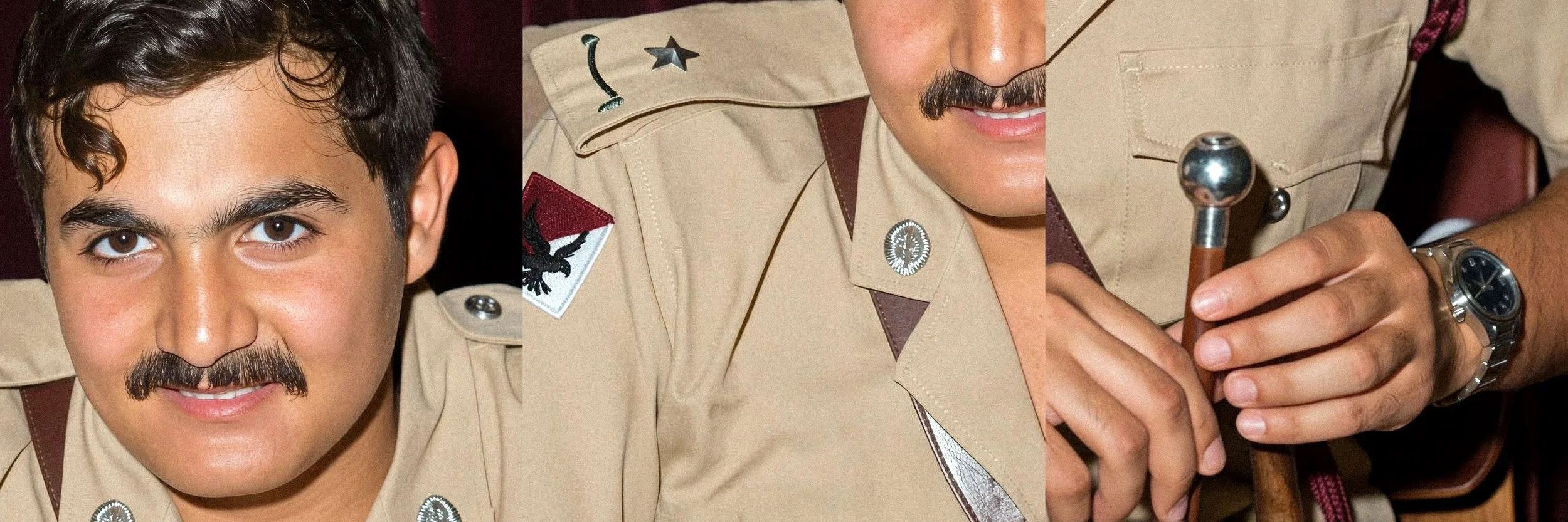 Detail crops of the AI reconstructed portrait of young Sheikh Hamad bin Khalifa Al Thani in Qatari military uniform