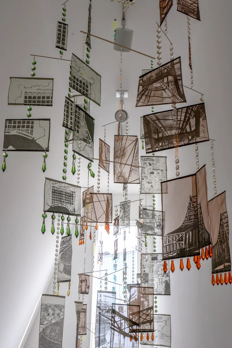 ON JAPONICA STREET, mobile, hanprinted organza fabric, glassbeads