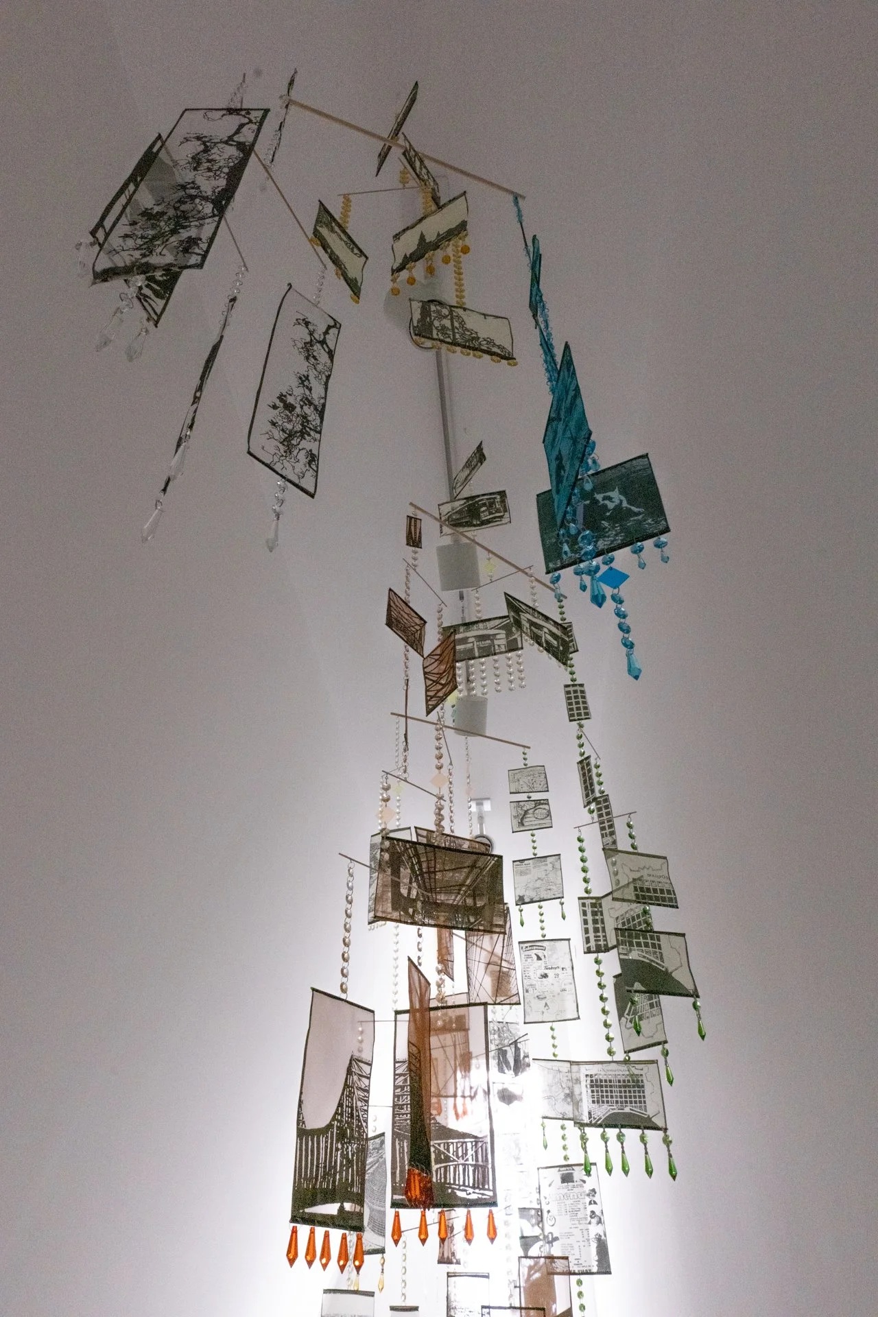 ON JAPONICA STREET, mobile, hanprinted organza fabric, glassbeads