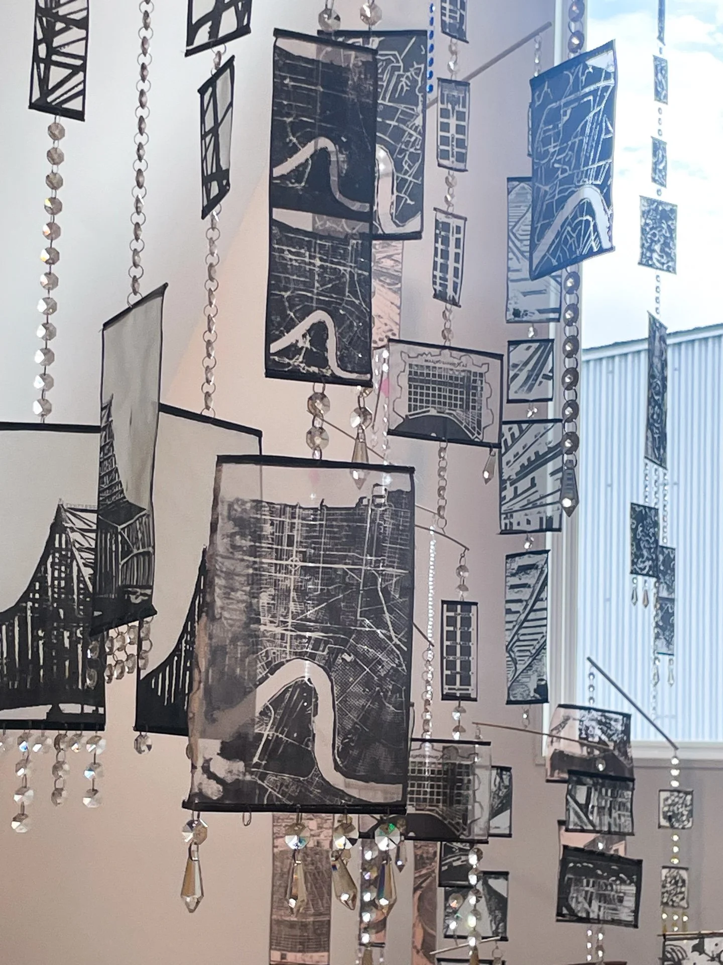 ON JAPONICA STREET, mobile, hanprinted organza fabric, glassbeads