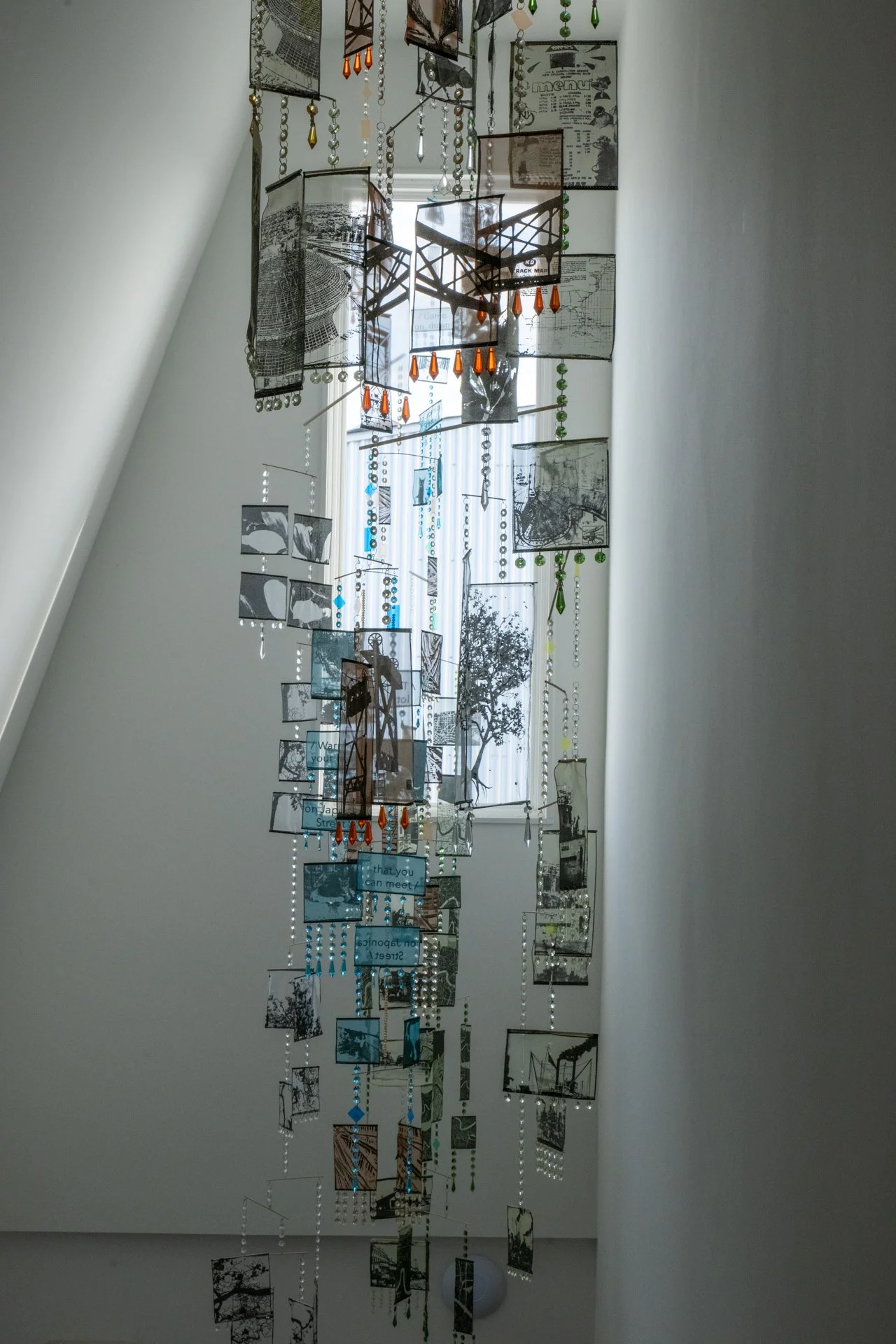 ON JAPONICA STREET, mobile, hanprinted organza fabric, glassbeads