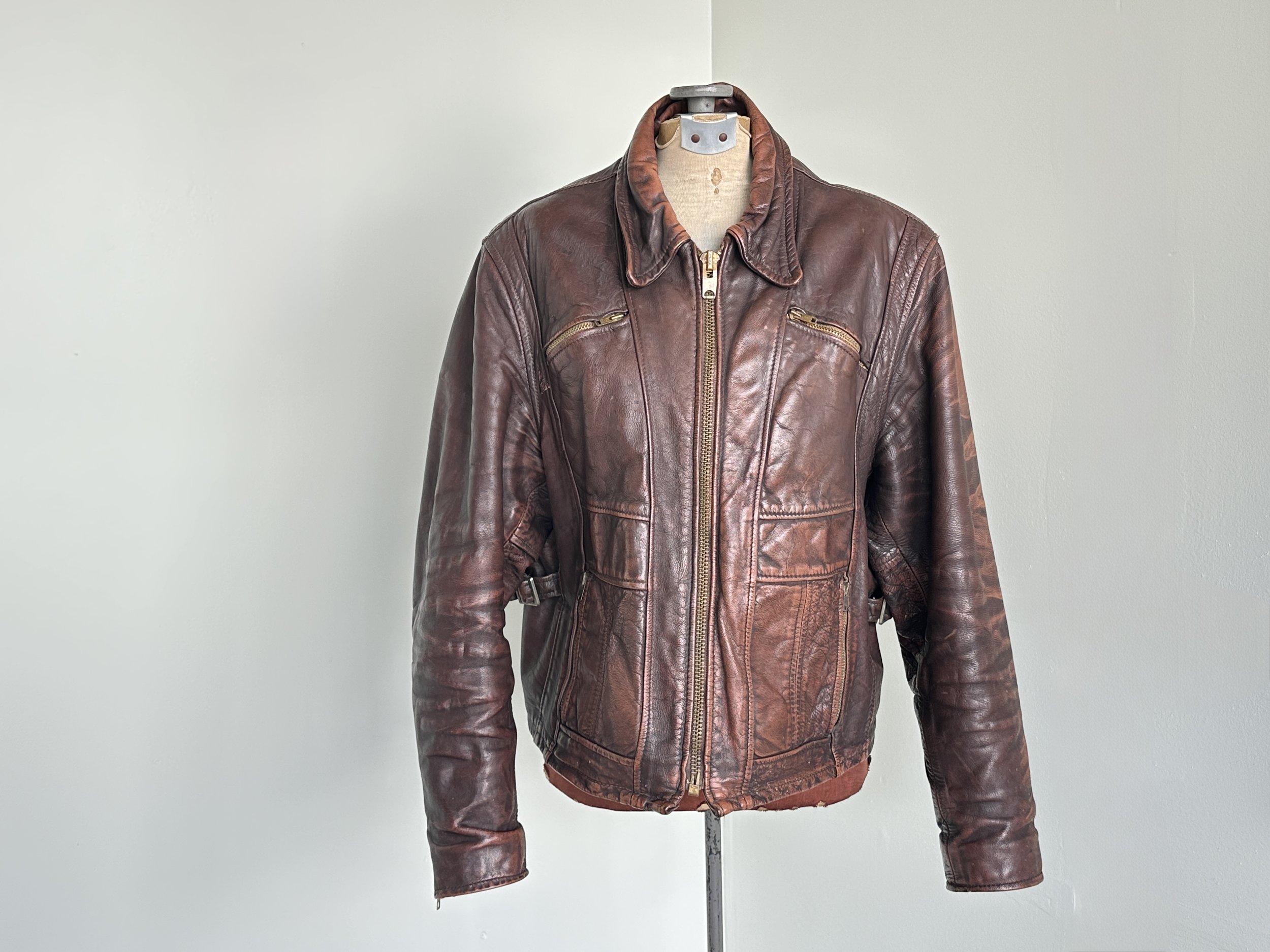 Vtg 70s Distressed Leather Biker Jacket
