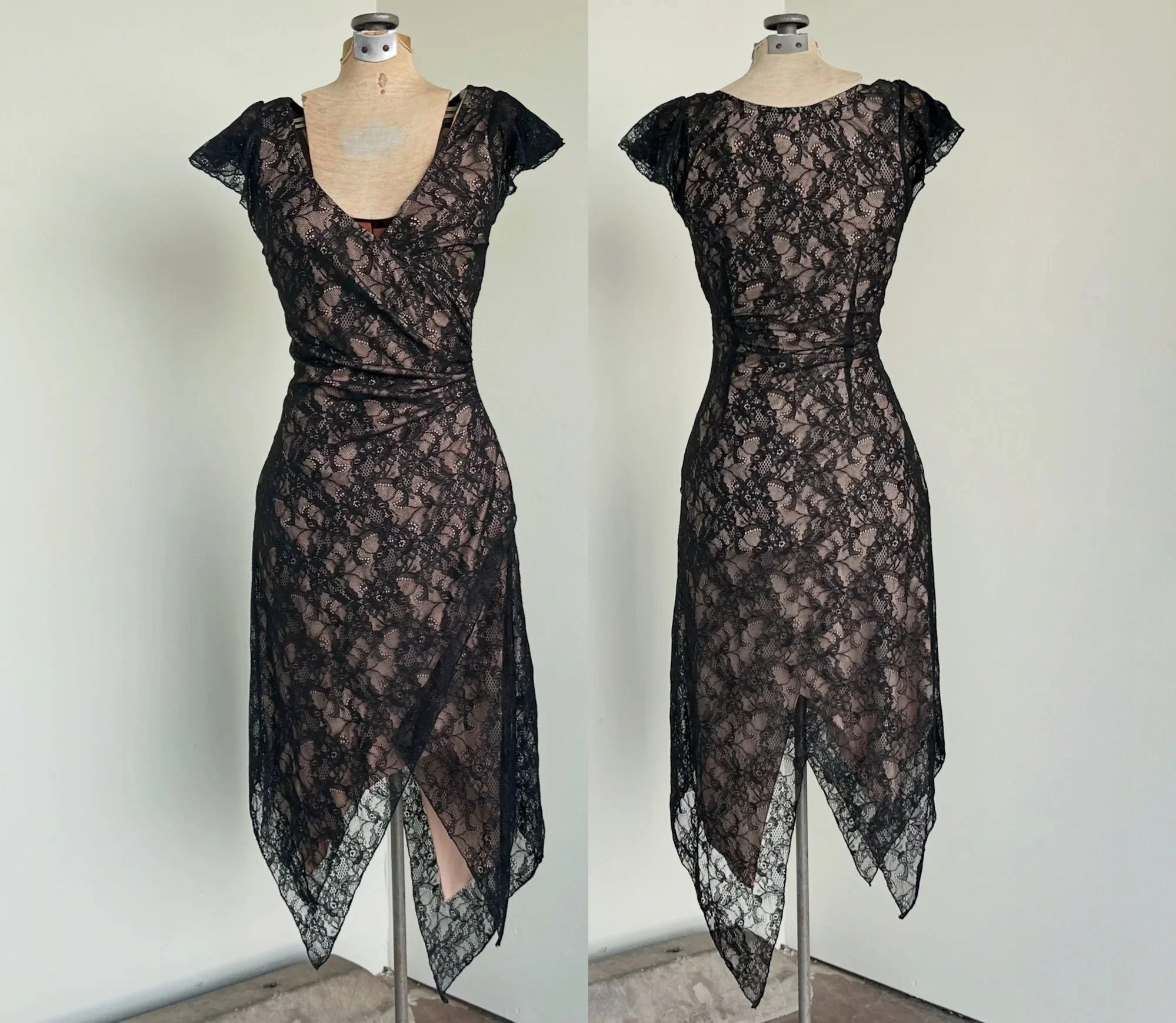 Vtg Bebe Black Lace Wrap Dress