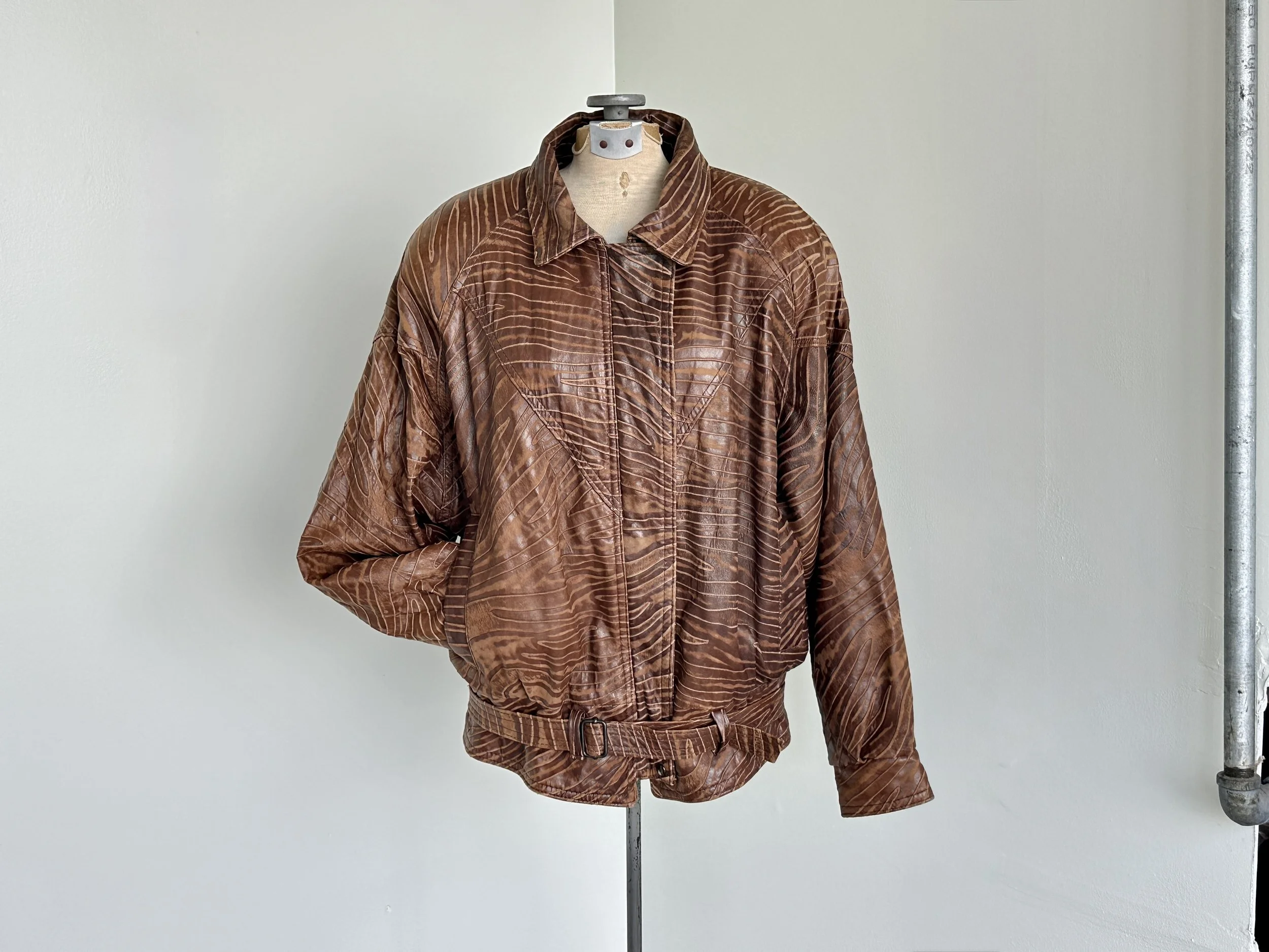 Vtg Zebra Embossed Leather Bomber Jacket