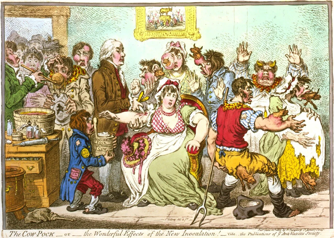 Figure 1: A political cartoon mocking people's fears about the smallpox vaccine by James Gillray, 1802.