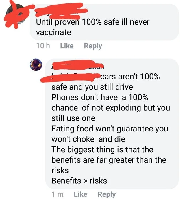 Figure 9: Facebook comment illustrating the flawed logic of the “100% safe” trope.