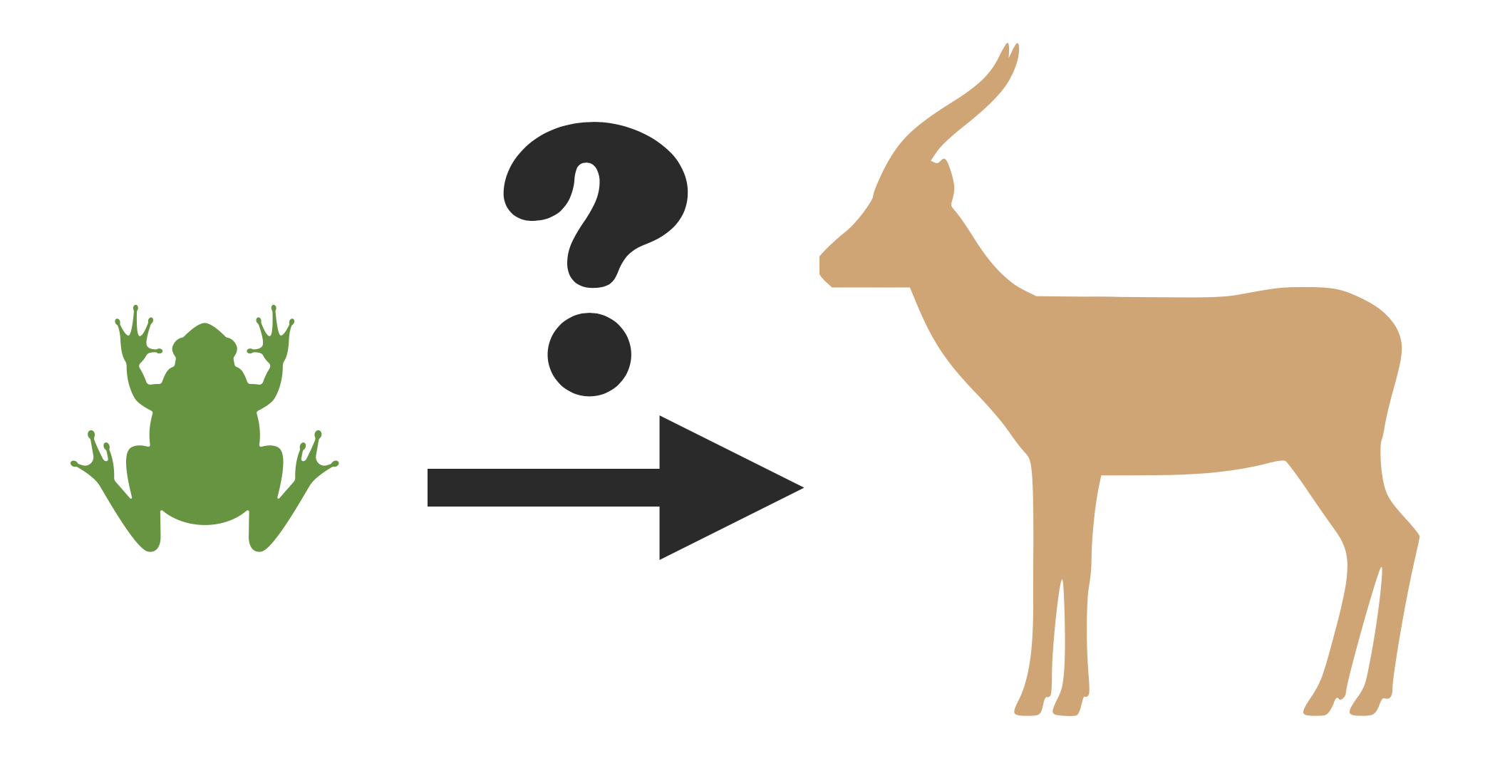 A frog and a gazelle, with an arrow pointing from the frog to the gazelle and a question mark above it.