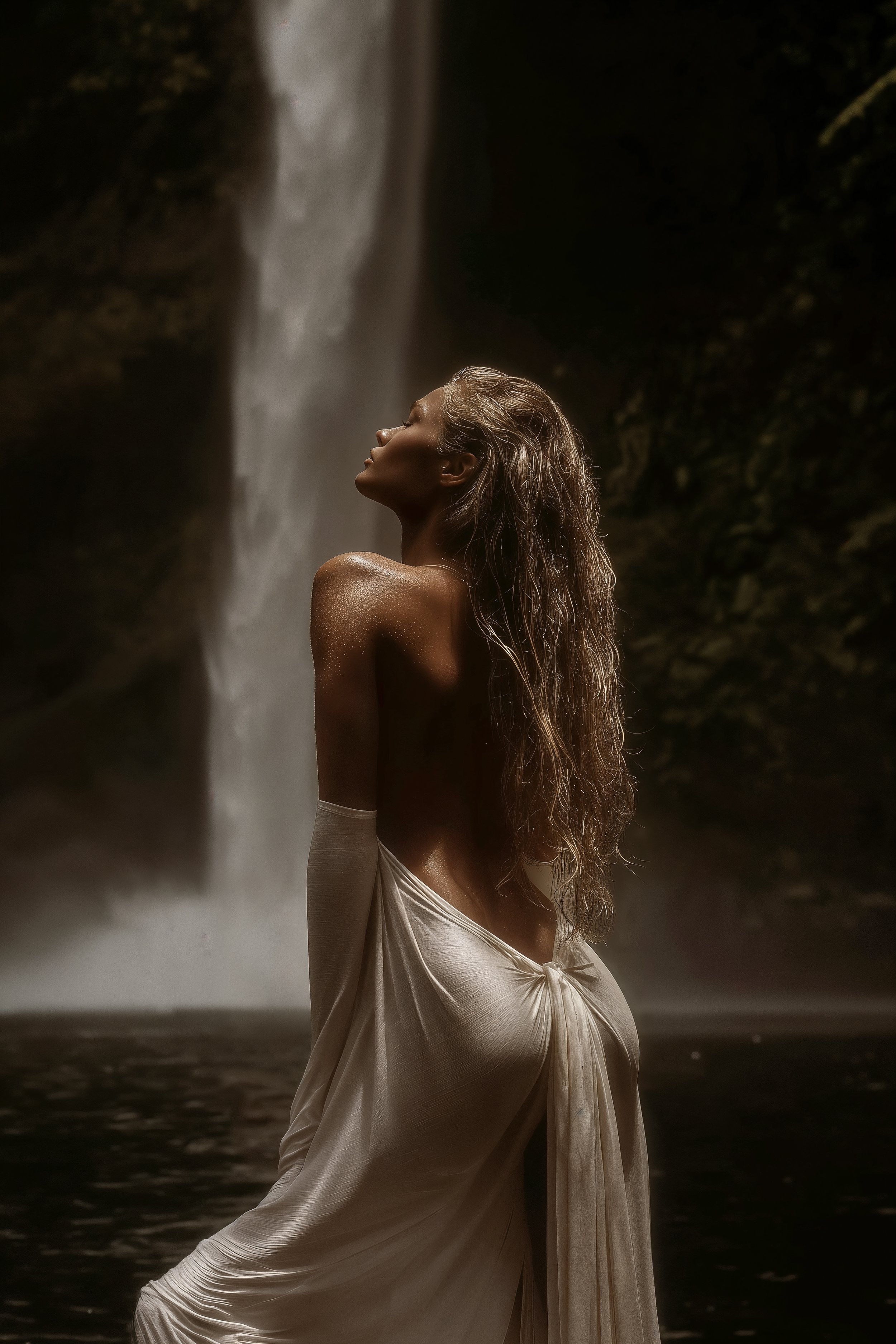 A woman with closed eyes and long hair is standing at a threshold