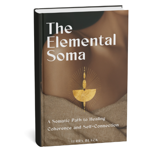 Book titled "The Elemental Soma: A Somatic Path to Healing, Coherence, and Self-Connection" by Terra Black. The cover features a photo of a person's shoulder and upper chest with a graphic of a golden semicircle with a vertical line and radiating lines.