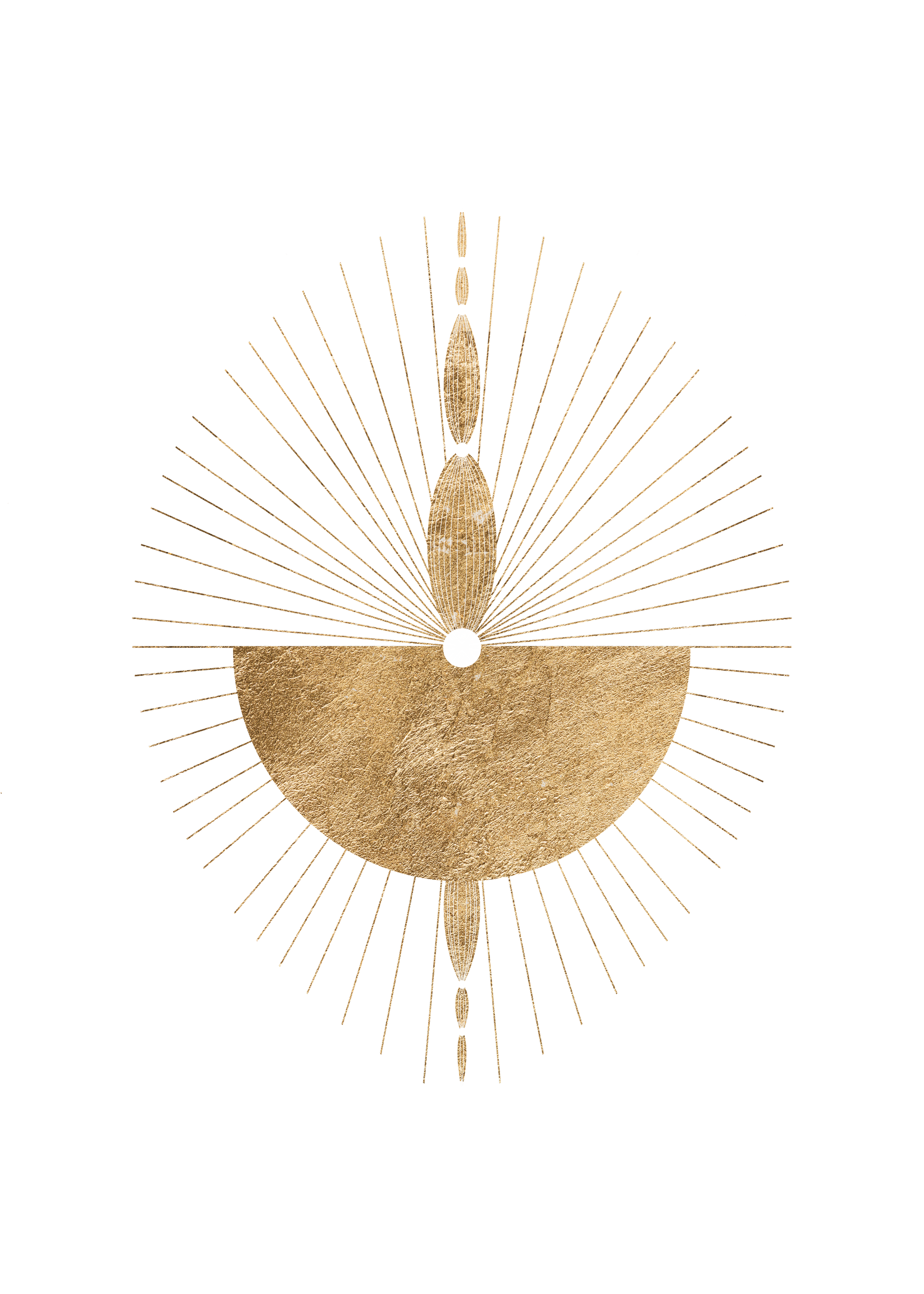 A gold, ornate design resembling a celestial or mystical symbol with radiating lines and geometric shapes on a black background.