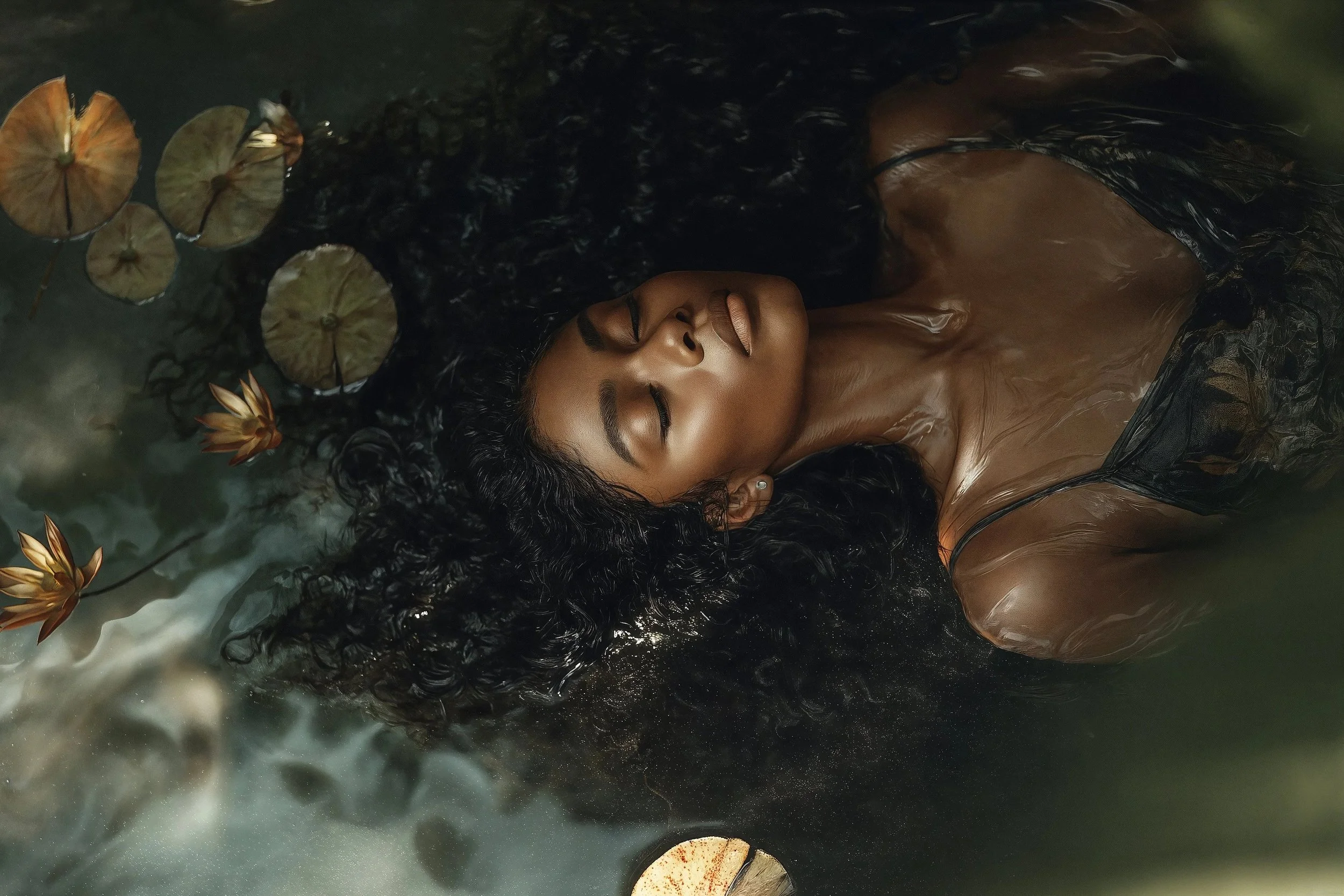 A woman with dark, curly hair floating in water with closed eyes, surrounded by dried lotus leaves and a small piece of wood.