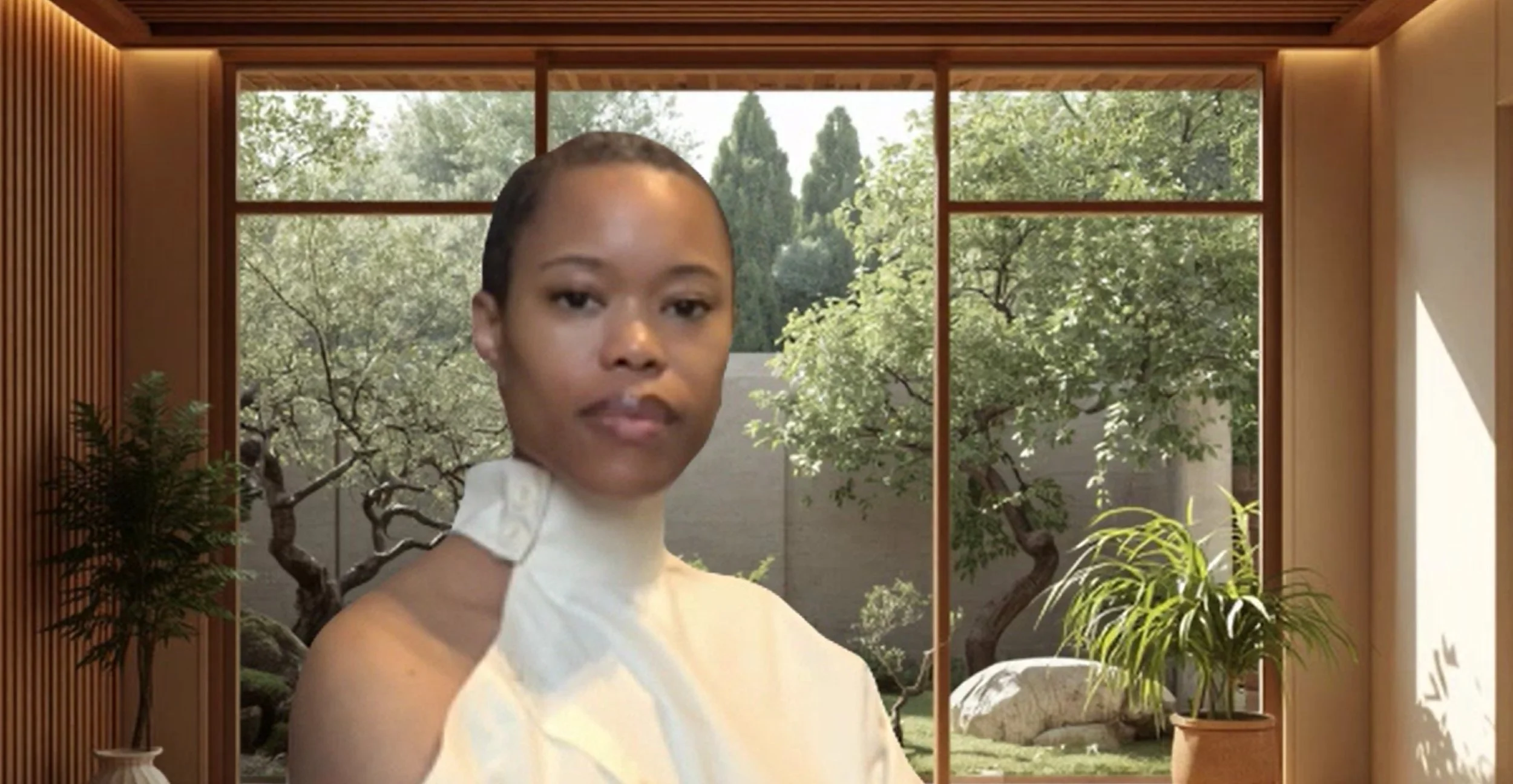 A woman in a white sleeveless top standing indoors with a large window showing an outdoor garden with trees and plants.