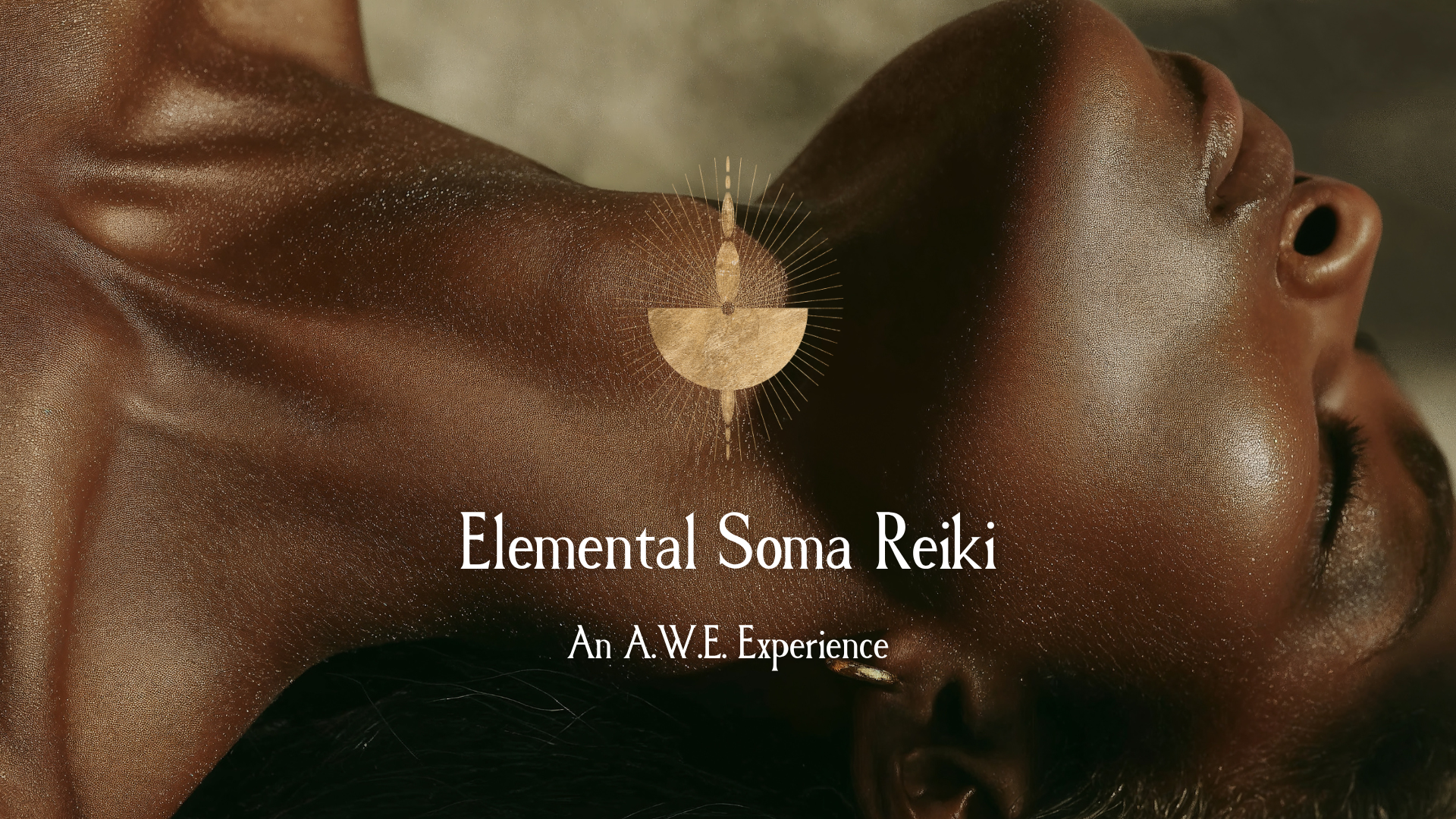 Close-up of a person's face and neck with dark skin, eyes closed, and head tilted back, with a T-shaped graphic overlay on the neck. Text overlay reads 'Elemental Soma Reiki' and 'An A.W.E. Experience'.