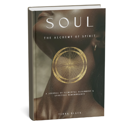 Image showing lower half of woman's face, neck, and shoulders with a large gold icon centerd with the text: SOUL The Alchemy of Spirit: A Journal of Elemental Alignment & Spiritual Remembrance