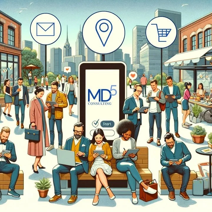 Urban outdoor scene with diverse people using digital devices, large smartphone with 'MD5 Consulting' logo, and icons for email, location, and shopping cart overhead.