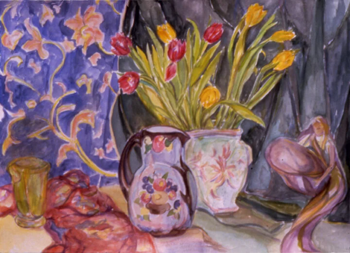 Still Life with Art Nouveau Figure.     watercolor . 22 x 30 in. 